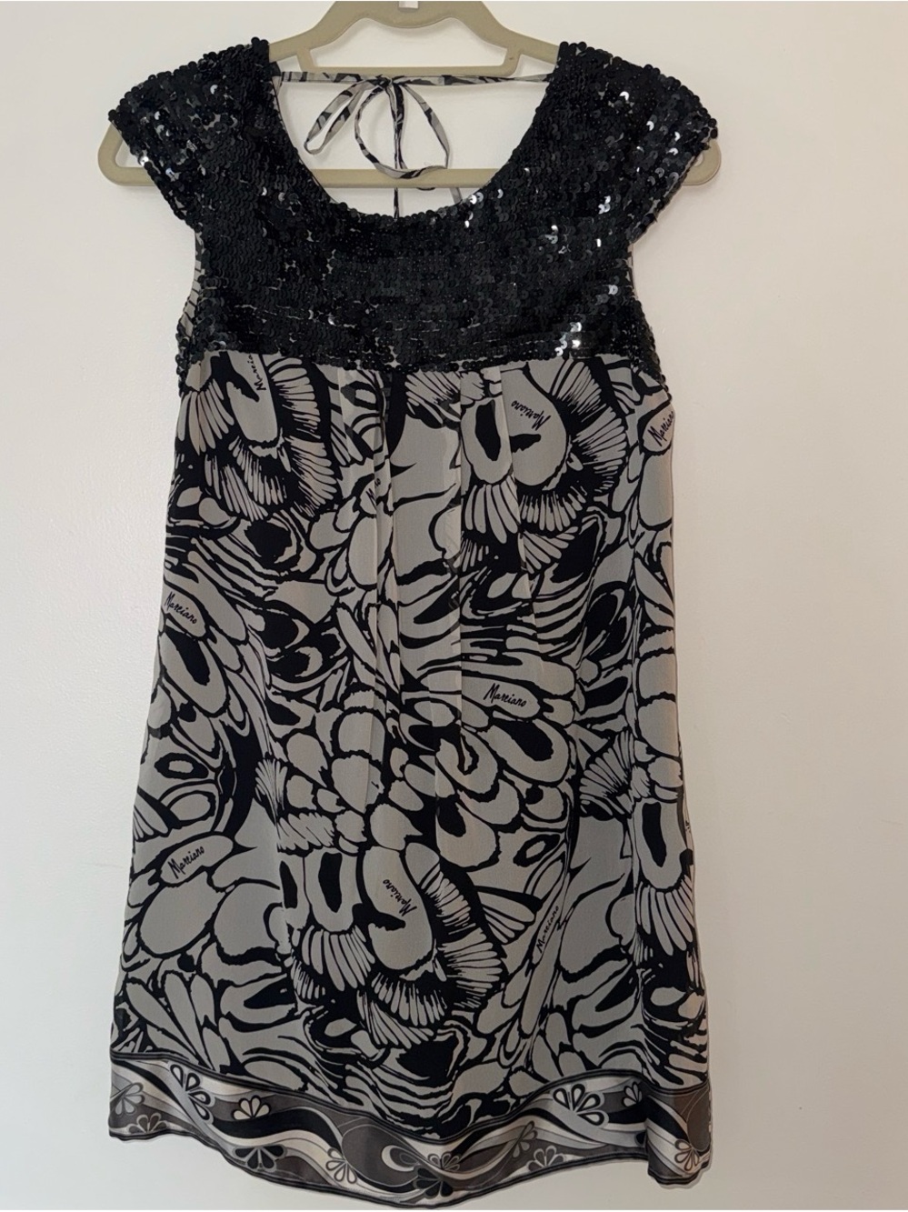 Marciano Black and Gray Floral Sequin Bodice Dress